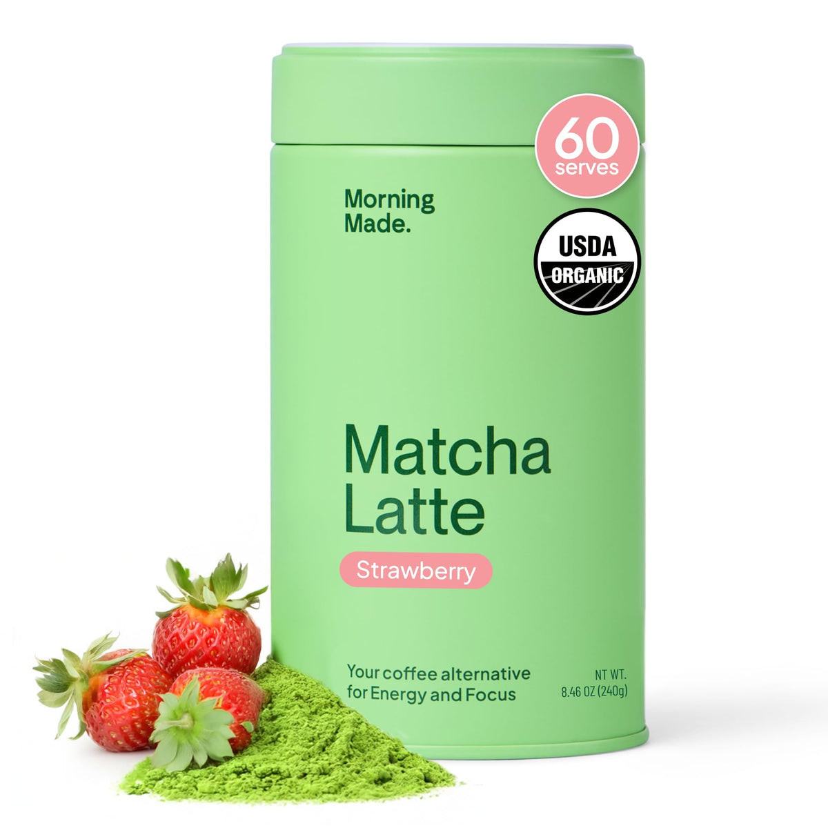 Morning Made strawberry matcha tin label highlights ceremonial-grade quality for daily rituals.