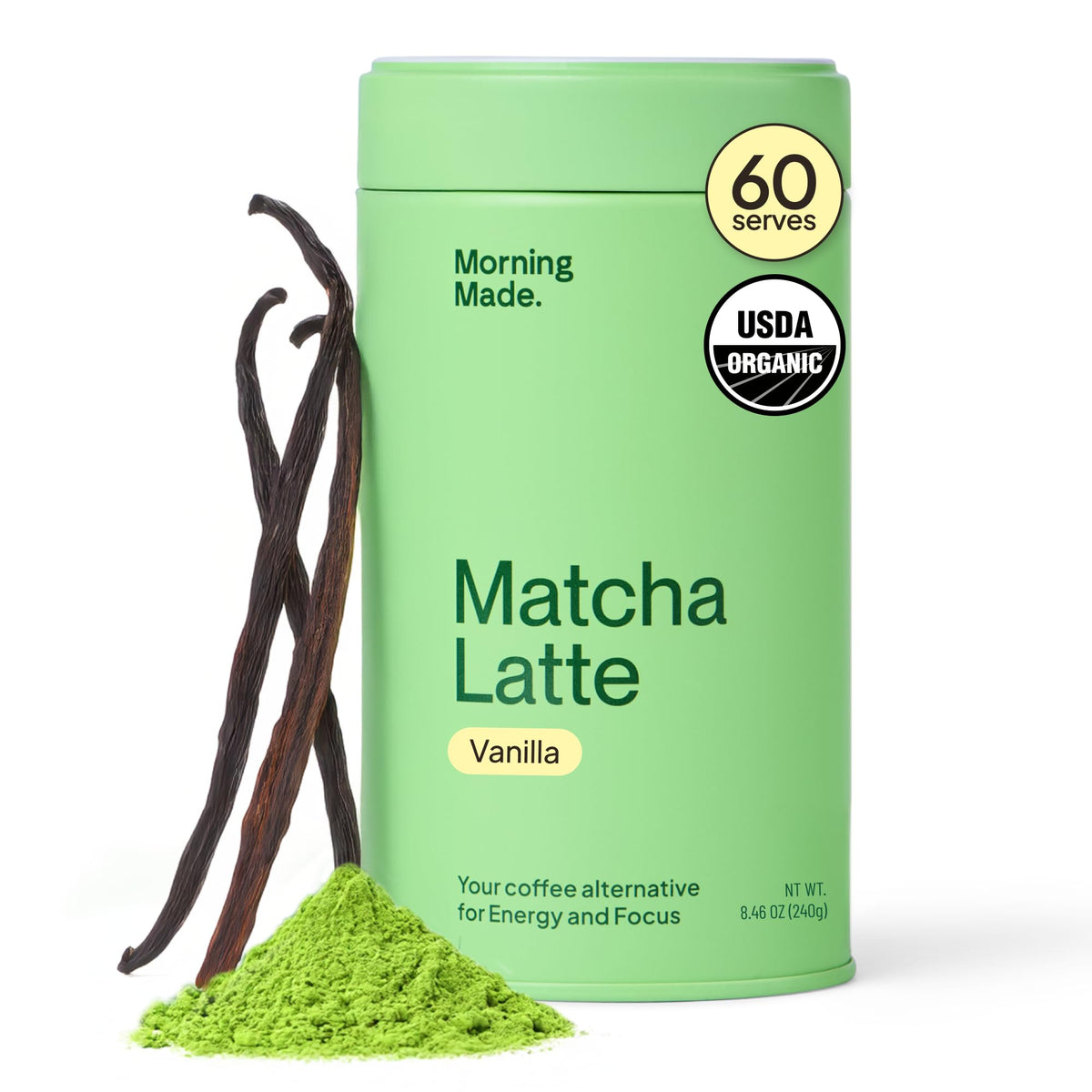 Morning Made vanilla matcha powder in a resealable tin for daily ritual.
