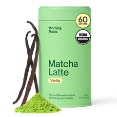 Morning Made vanilla matcha powder in a resealable tin for daily ritual.