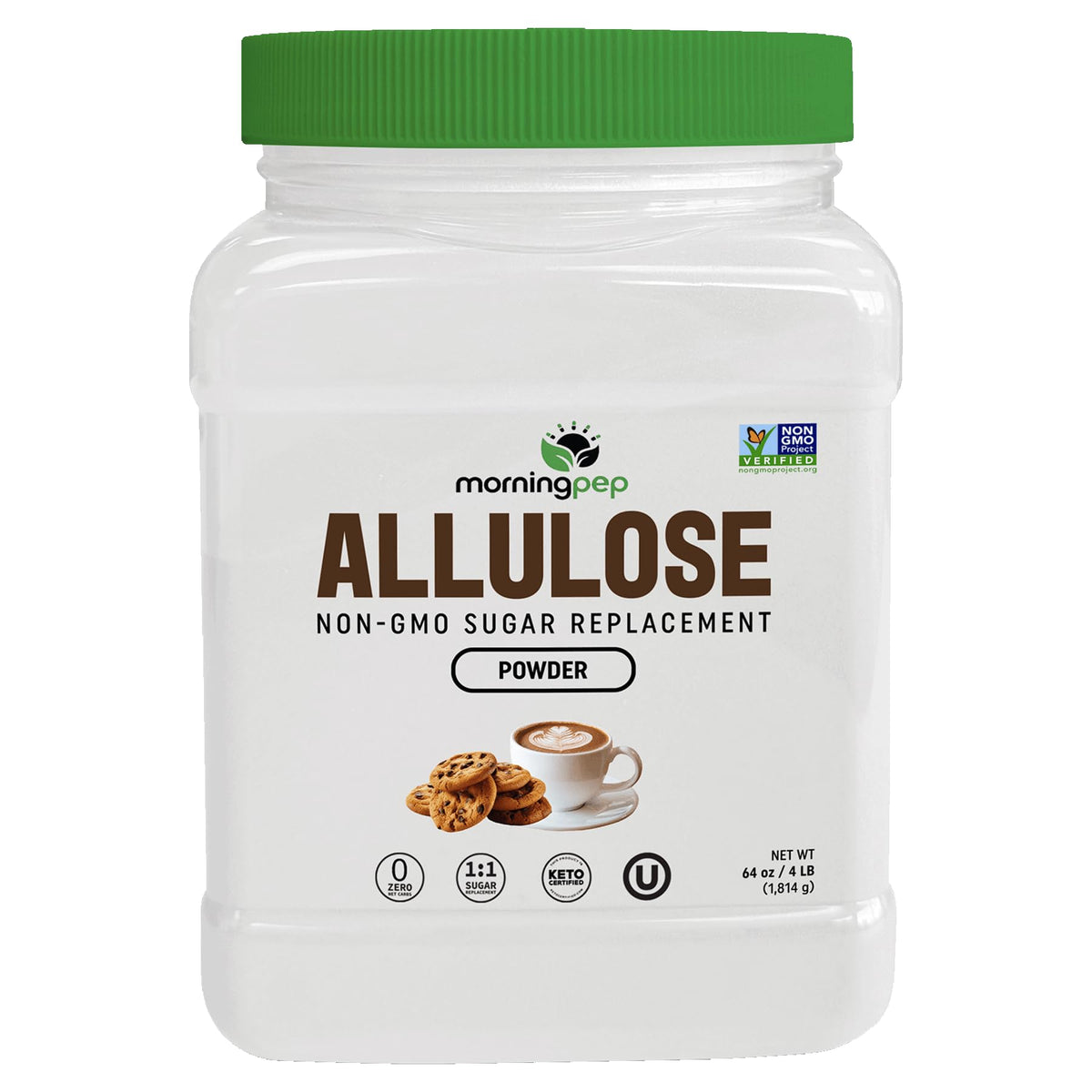 Morning Pep Allulose sweetener bag close-up shows pure zero-calorie sweetness