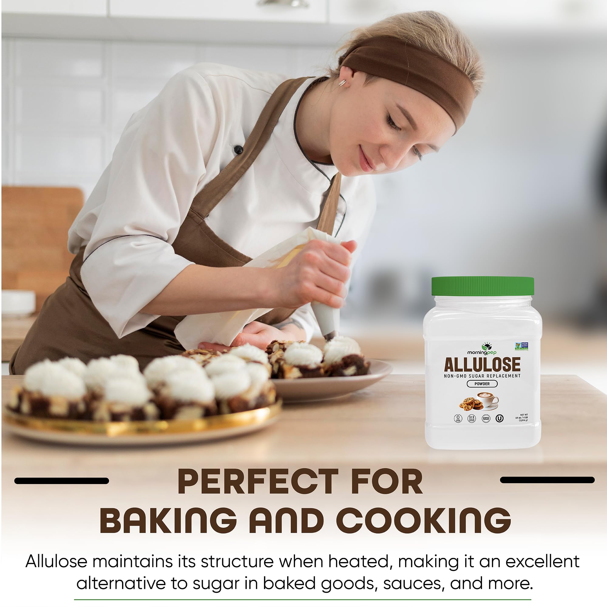 Morning Pep Allulose baked goods image emphasizes sugar-like texture in recipes.