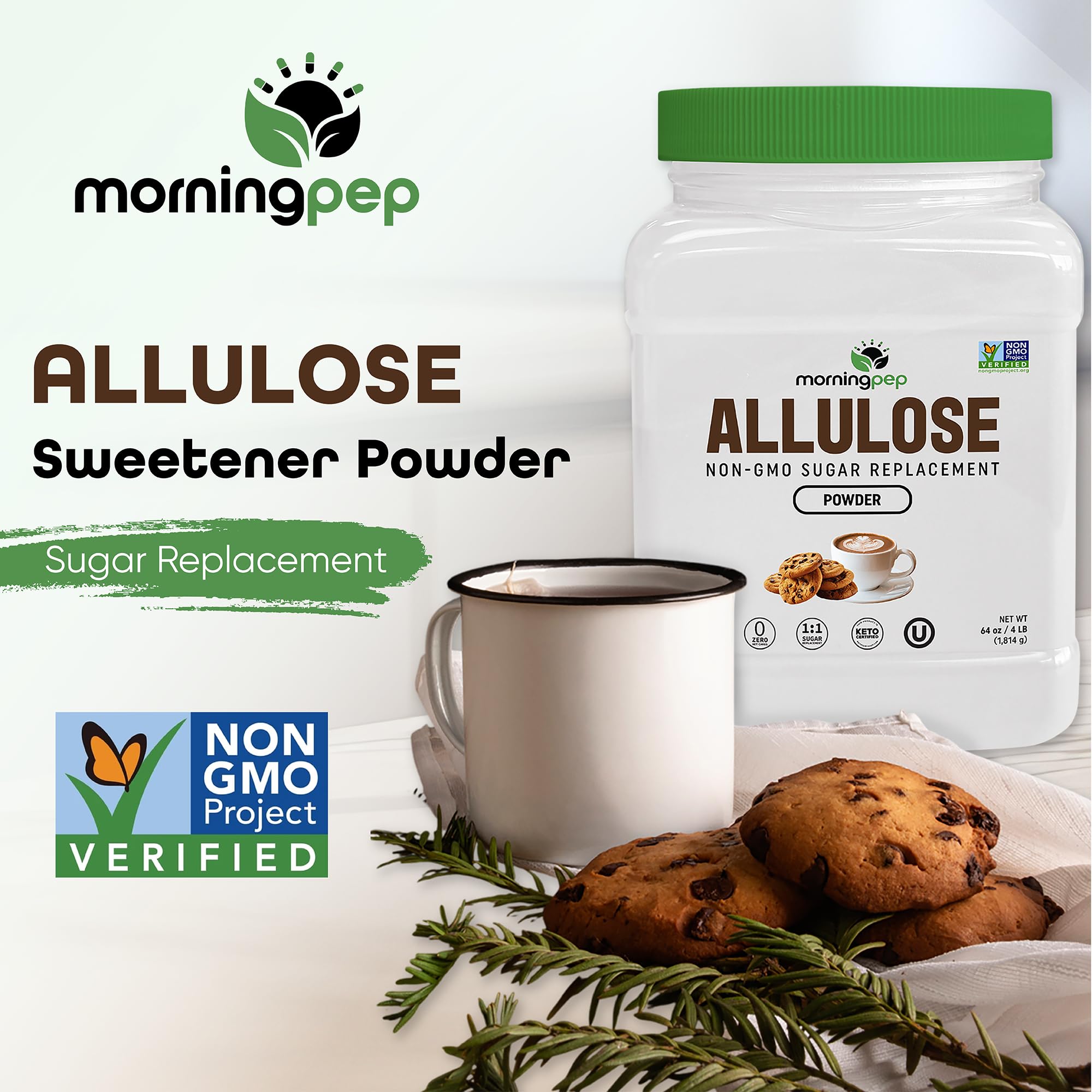 Morning Pep Allulose label communicates Non-GMO and Kosher certifications clearly.