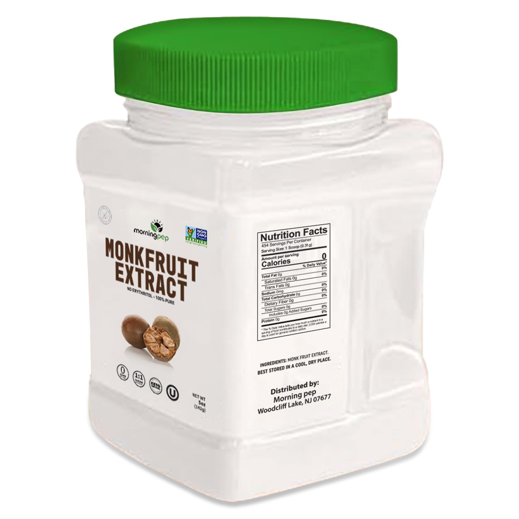 Morning Pep compact 5 oz container with airtight cap preserves freshness.