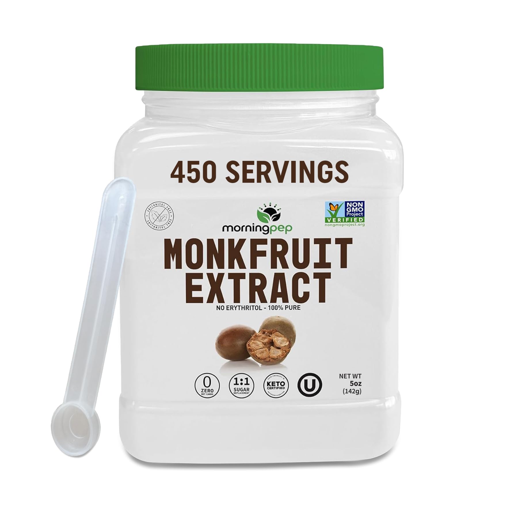 Morning Pep monk fruit extract powder jar, ideal for coffee and tea sweetness.