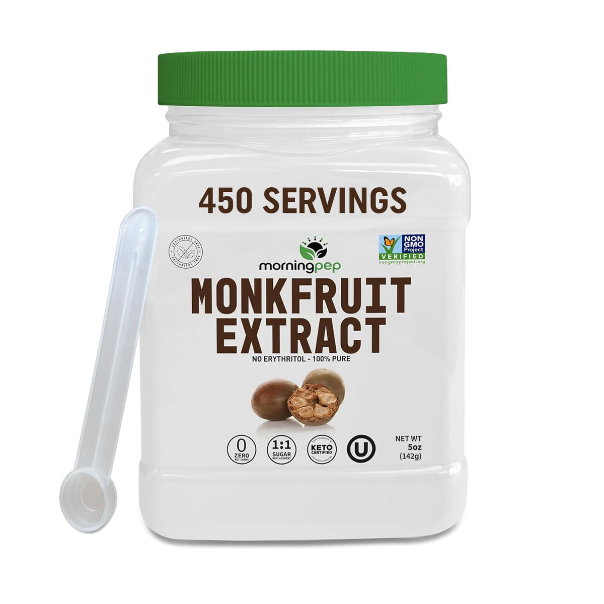 Morning Pep monk fruit extract powder jar, ideal for coffee and tea sweetness.