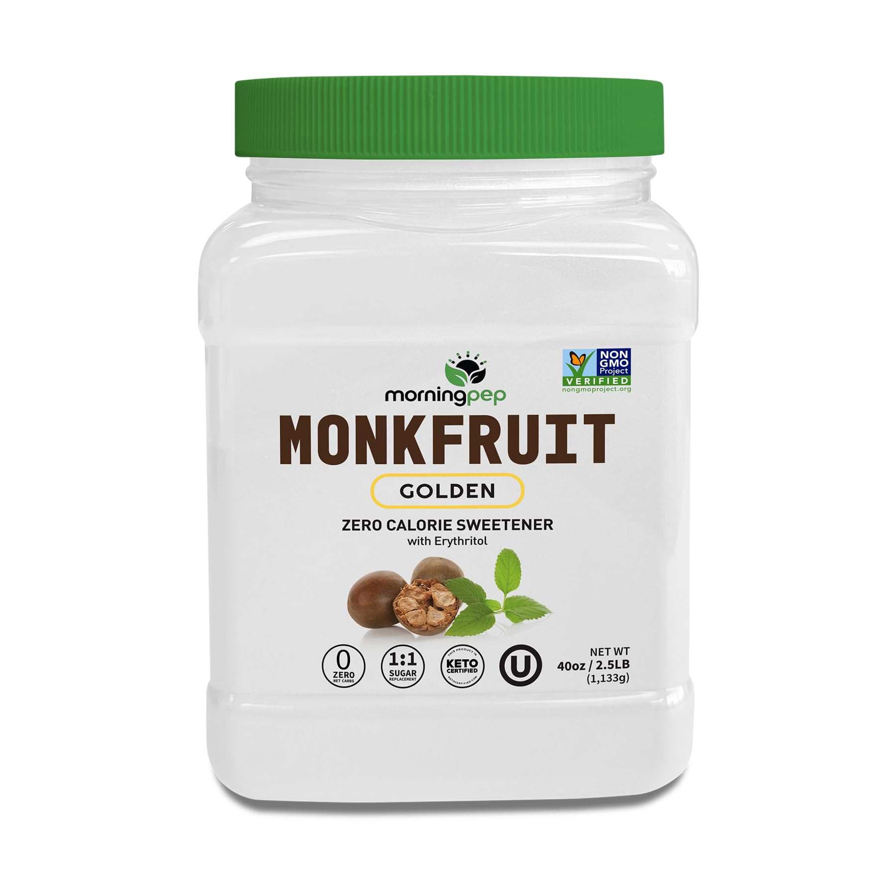 Morning Pep monk fruit sweetener bottle with golden 2.5 lb packaging for keto baking