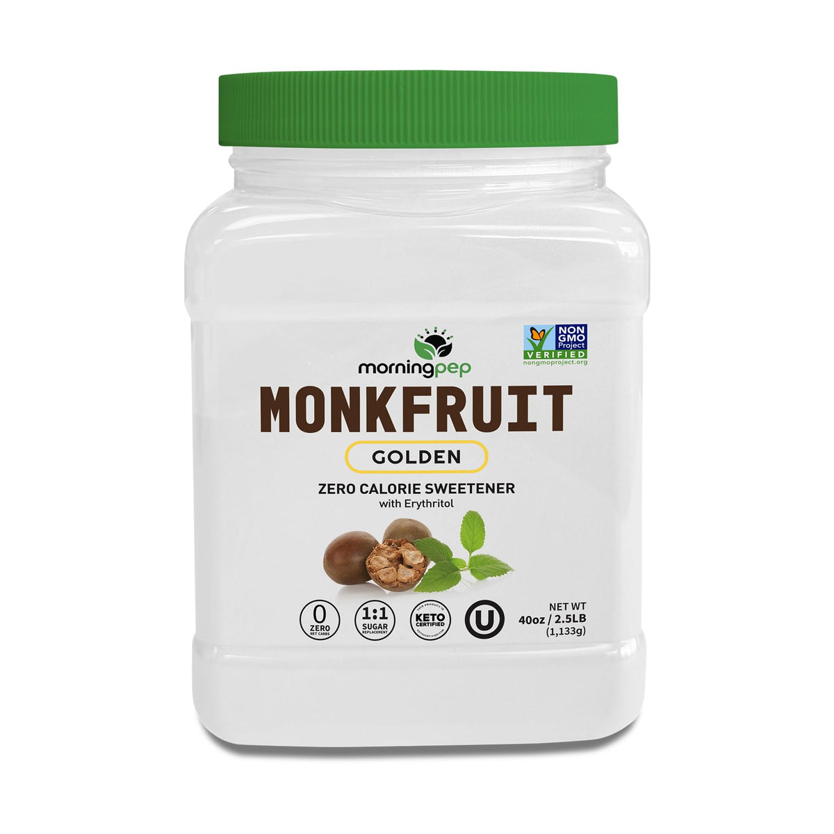 Morning Pep monk fruit sweetener bottle with golden 2.5 lb packaging for keto baking