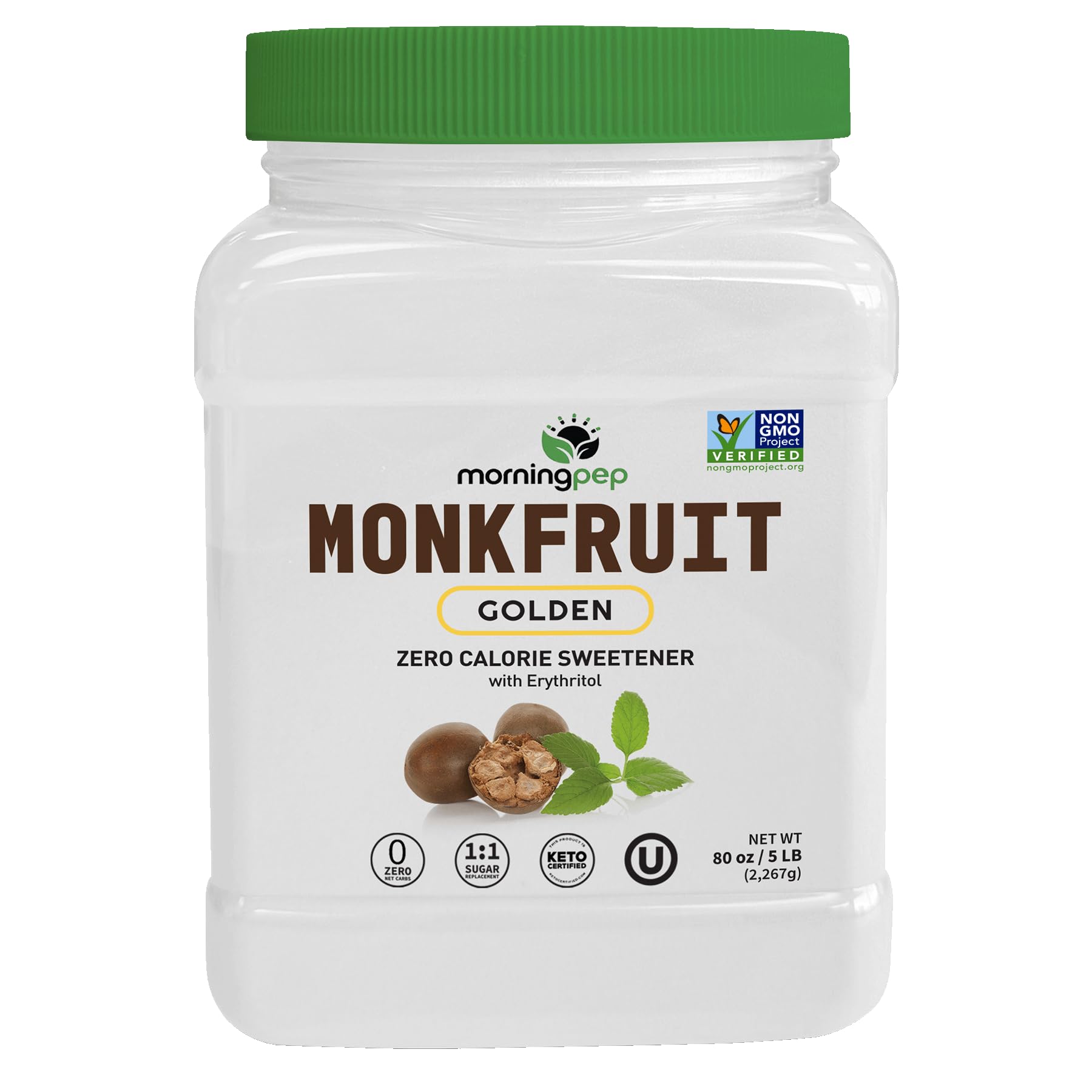 Morning Pep monk fruit sweetener bottle shown for 1:1 sugar replacement in baking