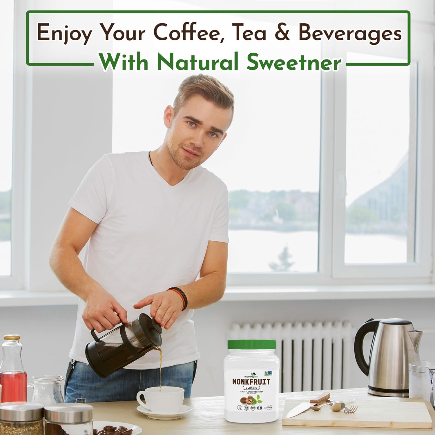 Morning Pep Monk Fruit Sweetener ingredient panel highlights natural monk fruit
