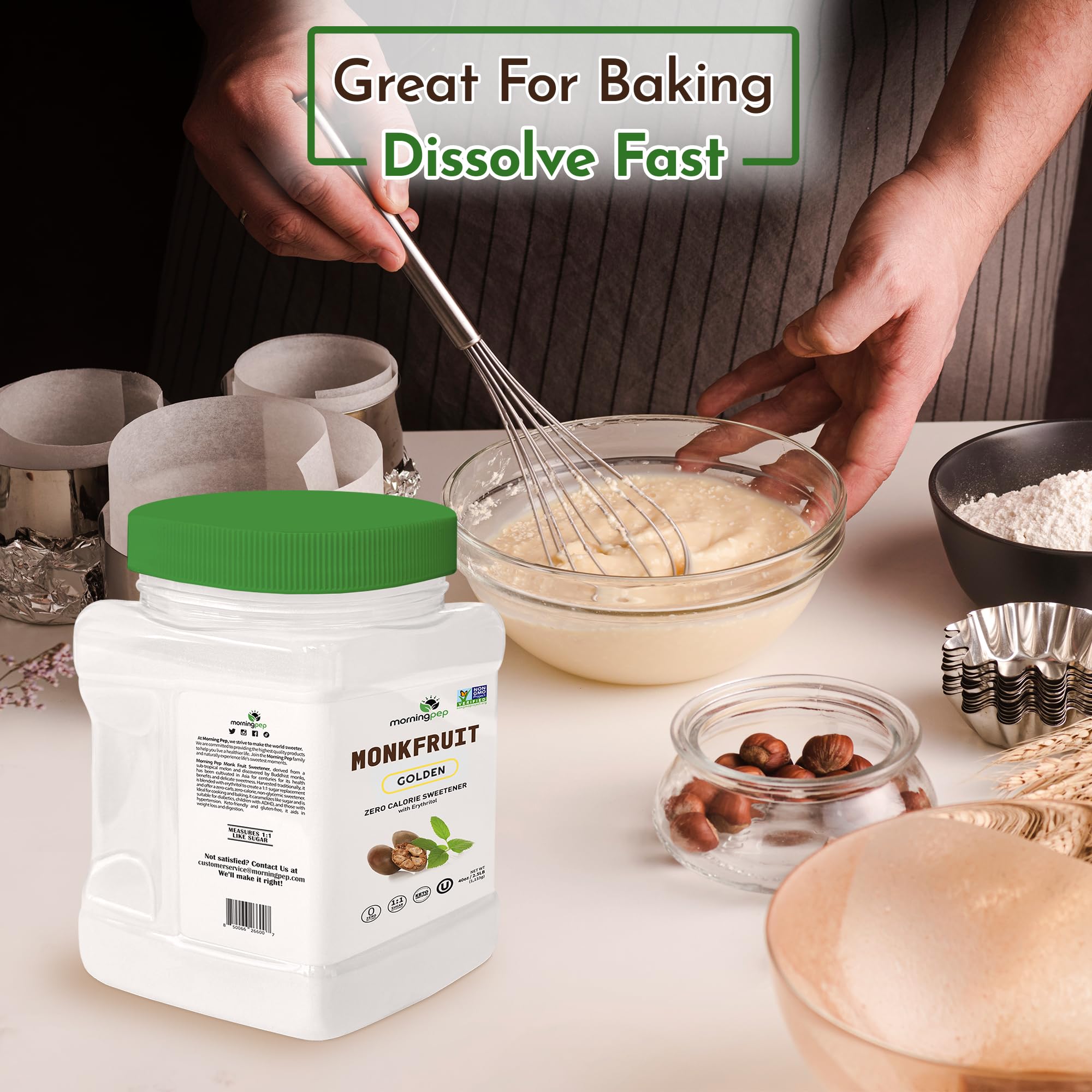 Label on Morning Pep monk fruit sweetener showcasing non-GMO and kosher certifications