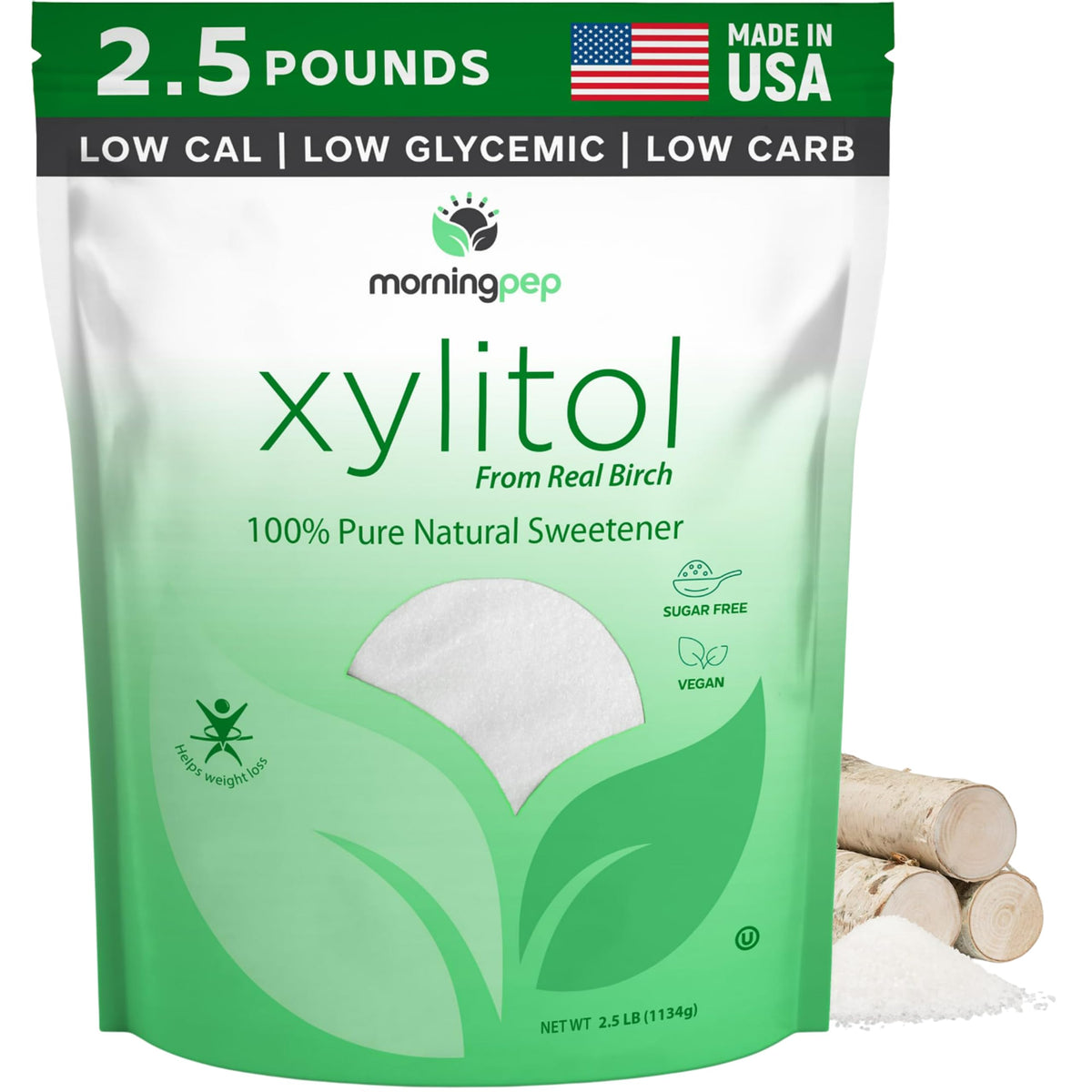 Morning Pep Pure Birch Xylitol bottle front showing sugar-like sweetness with no aftertaste