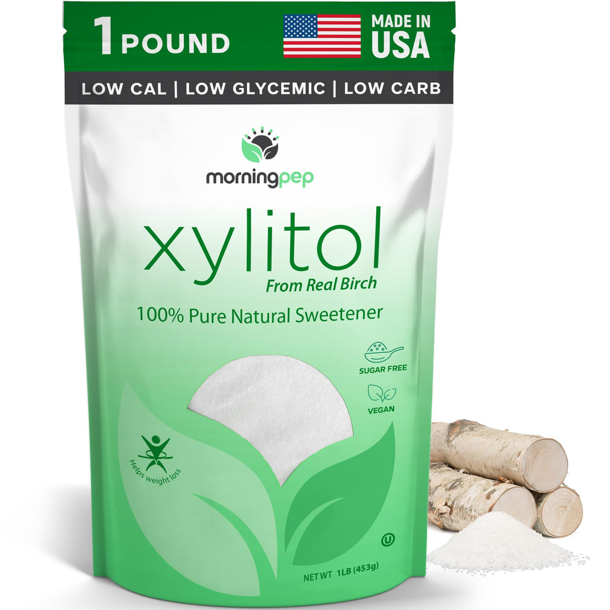 Morning Pep Pure Birch Xylitol bottle with sugar-like sweetness and no aftertaste, ideal for keto use
