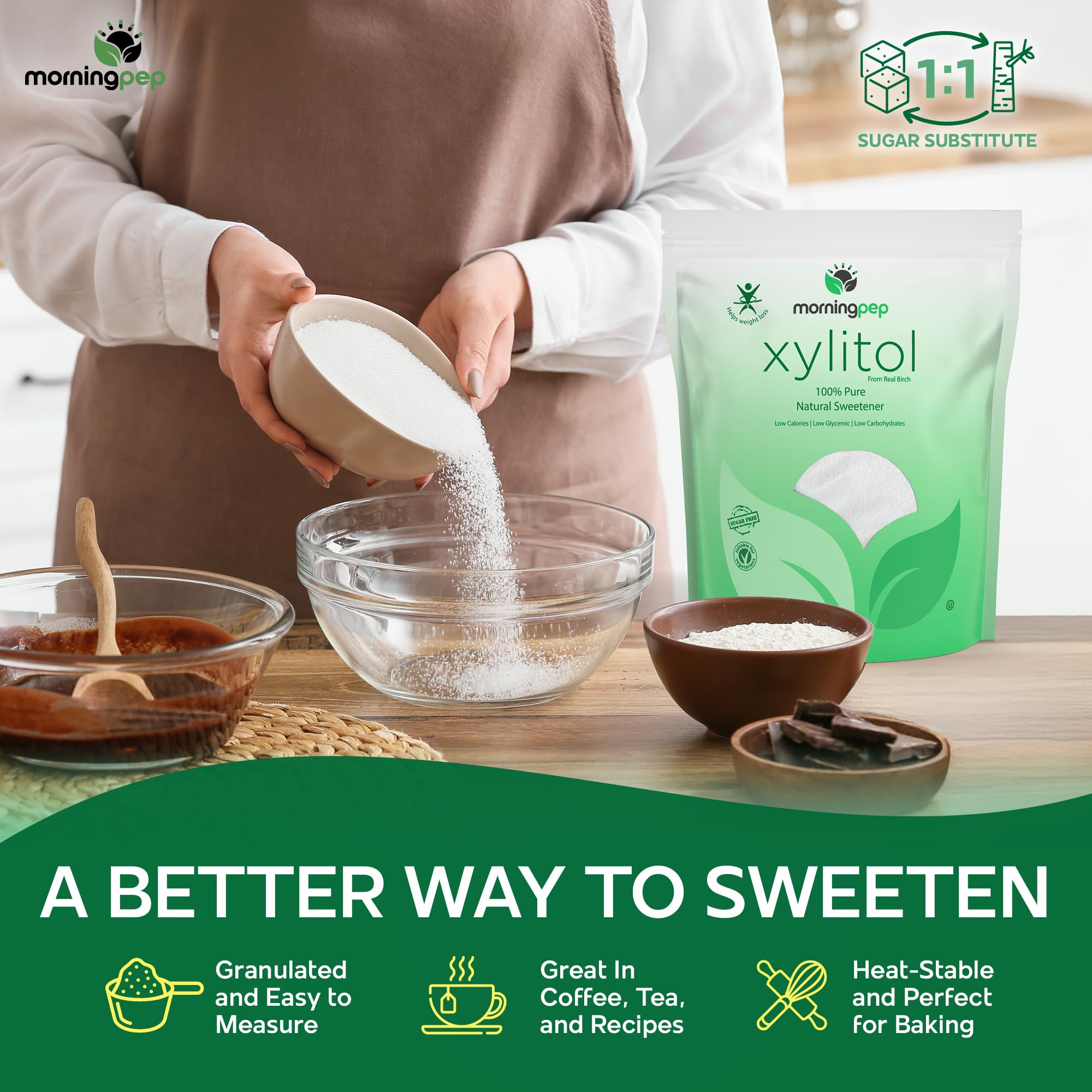 Morning cup of coffee with Morning Pep Birch Xylitol enhances sweetness