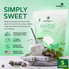 Morning Pep Pure Birch Xylitol granules closeup highlight versatile sweetener for coffee, tea, and baking