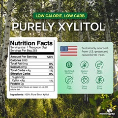 Morning Pep Birch Xylitol label highlights USA-made and non-GMO ingredients