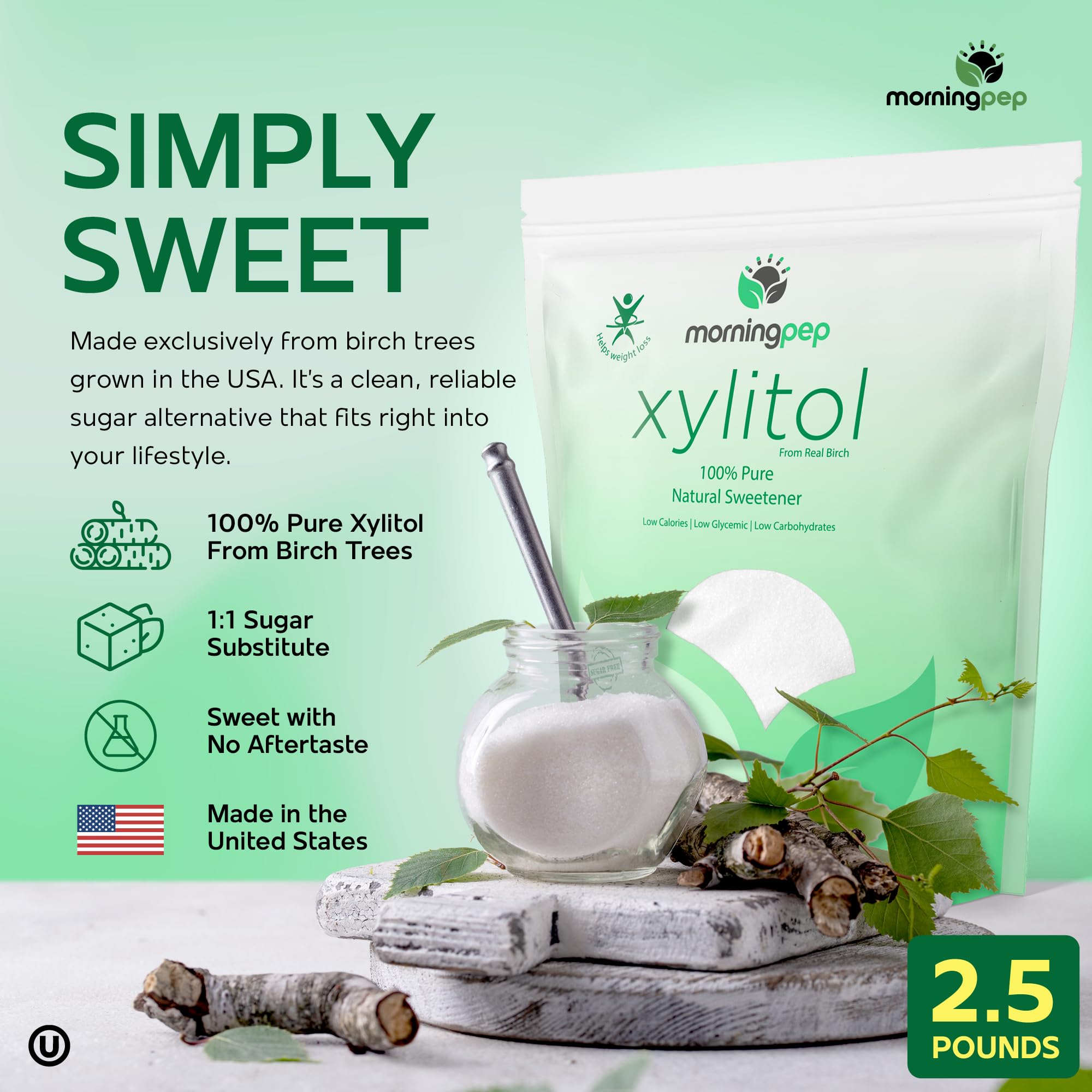 Pouring Morning Pep Birch Xylitol from the bottle into a cup
