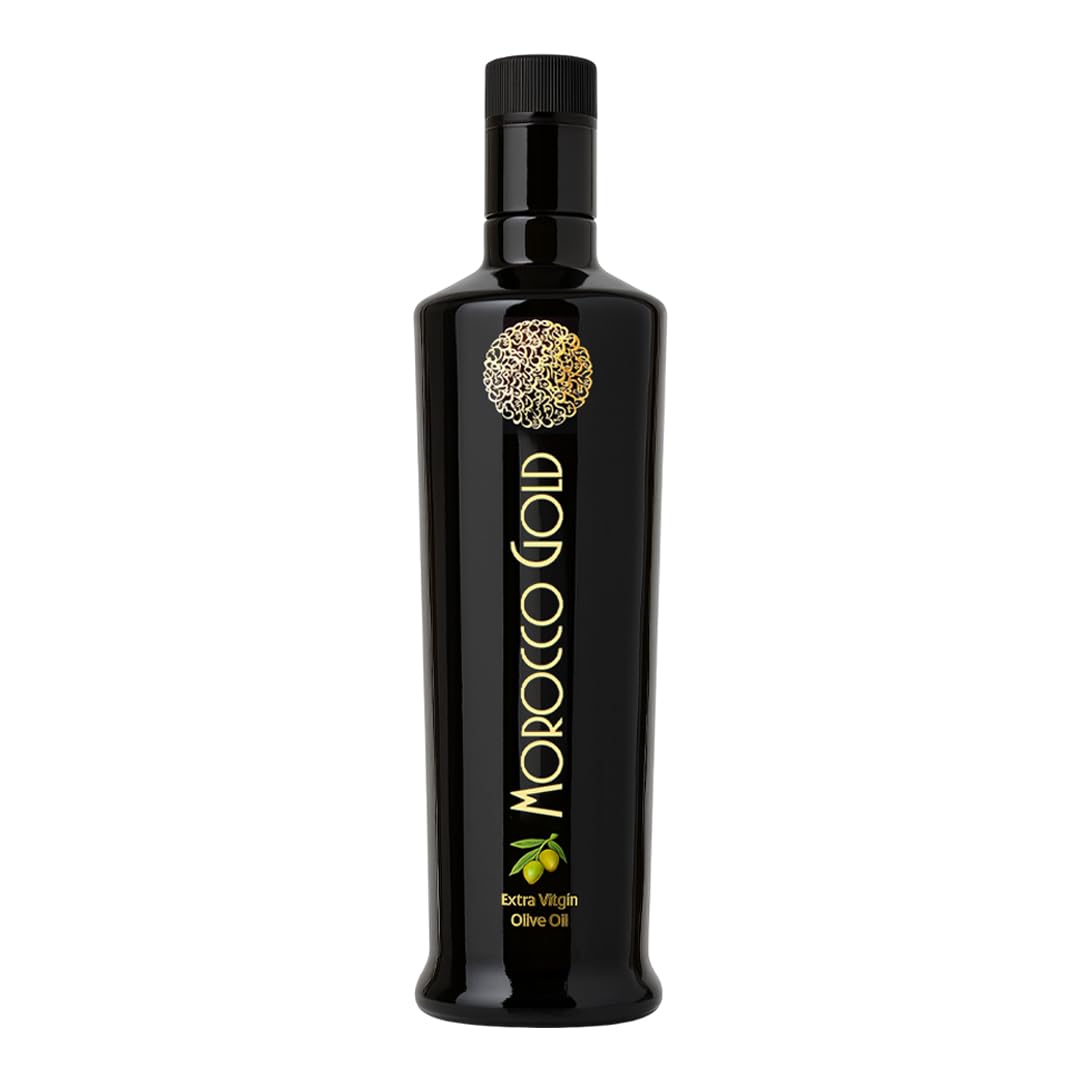 Morocco Gold Early Harvest EVOO bottle close-up highlighting rich polyphenols and premium flavor.