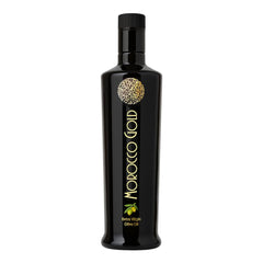Morocco Gold Early Harvest EVOO bottle close-up highlighting rich polyphenols and premium flavor.