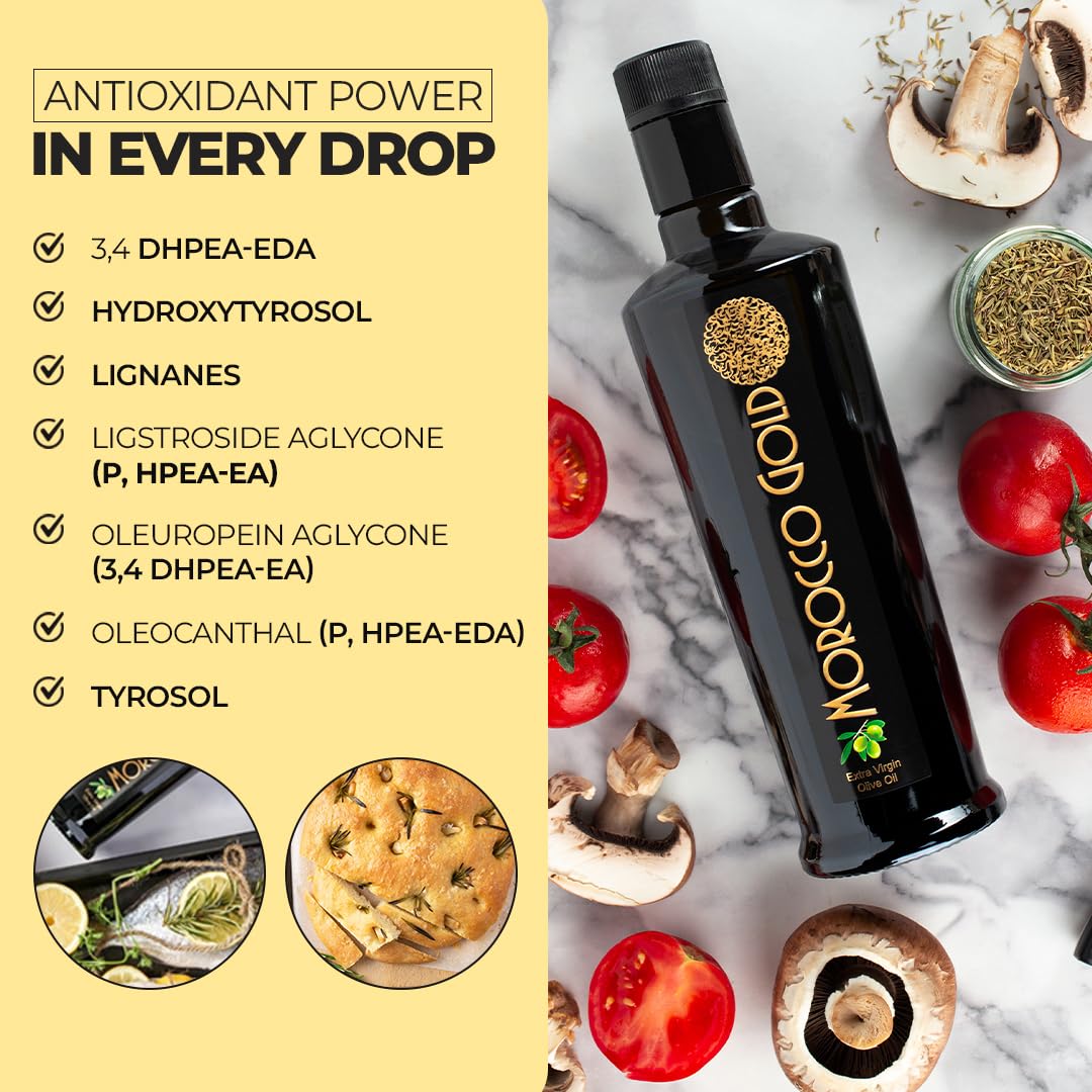 Morocco Gold label showing 652 mg/kg polyphenols for a high-nutrition, full-bodied olive oil.