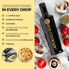 Morocco Gold label showing 652 mg/kg polyphenols for a high-nutrition, full-bodied olive oil.
