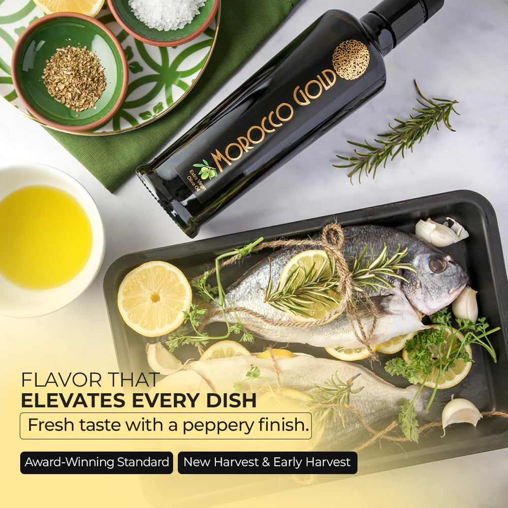 Pouring Morocco Gold EVOO over fresh greens for vibrant flavor.