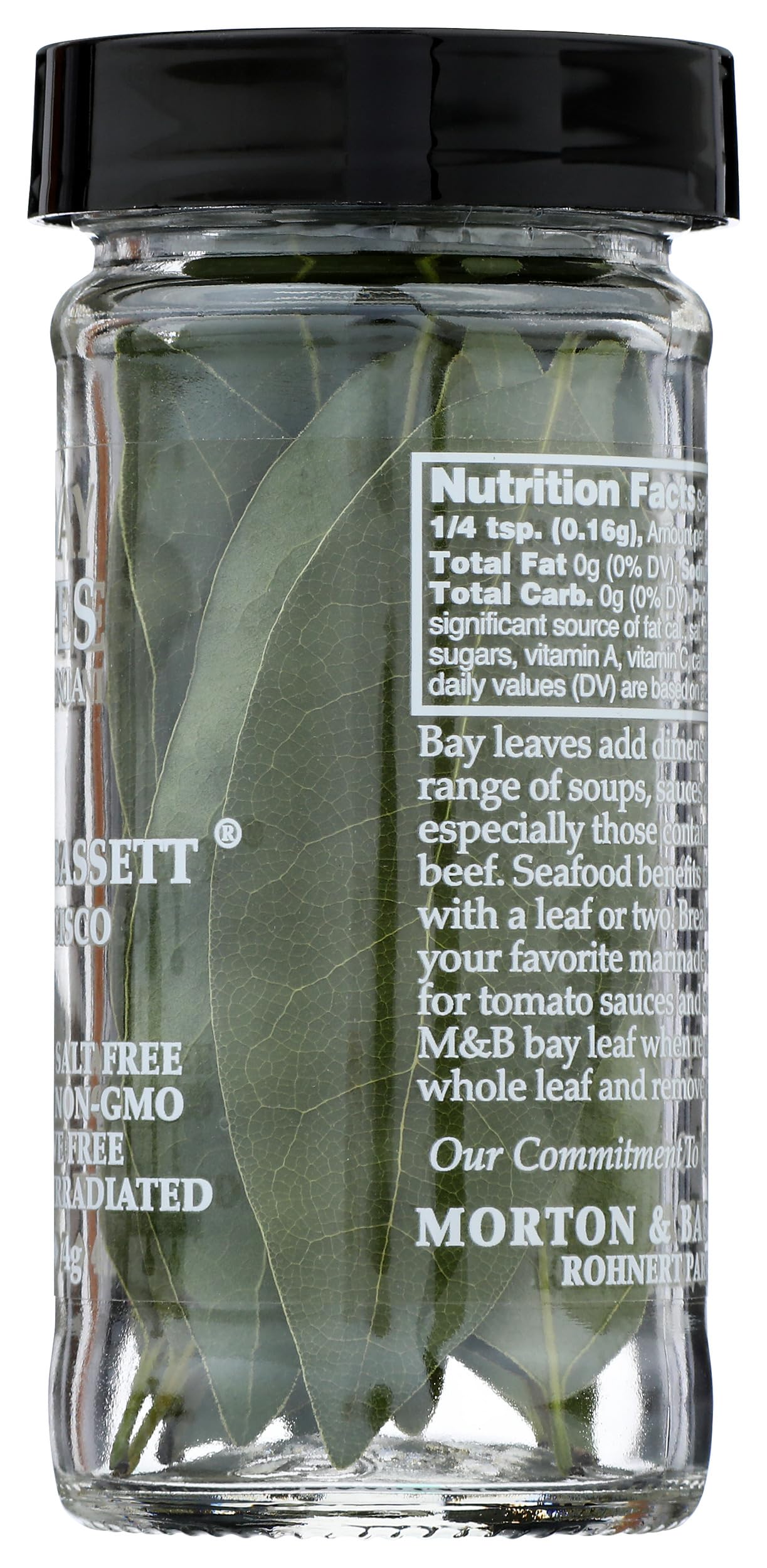 Label close-up of Morton & Bassett Bay Leaves showing kosher certified tag.