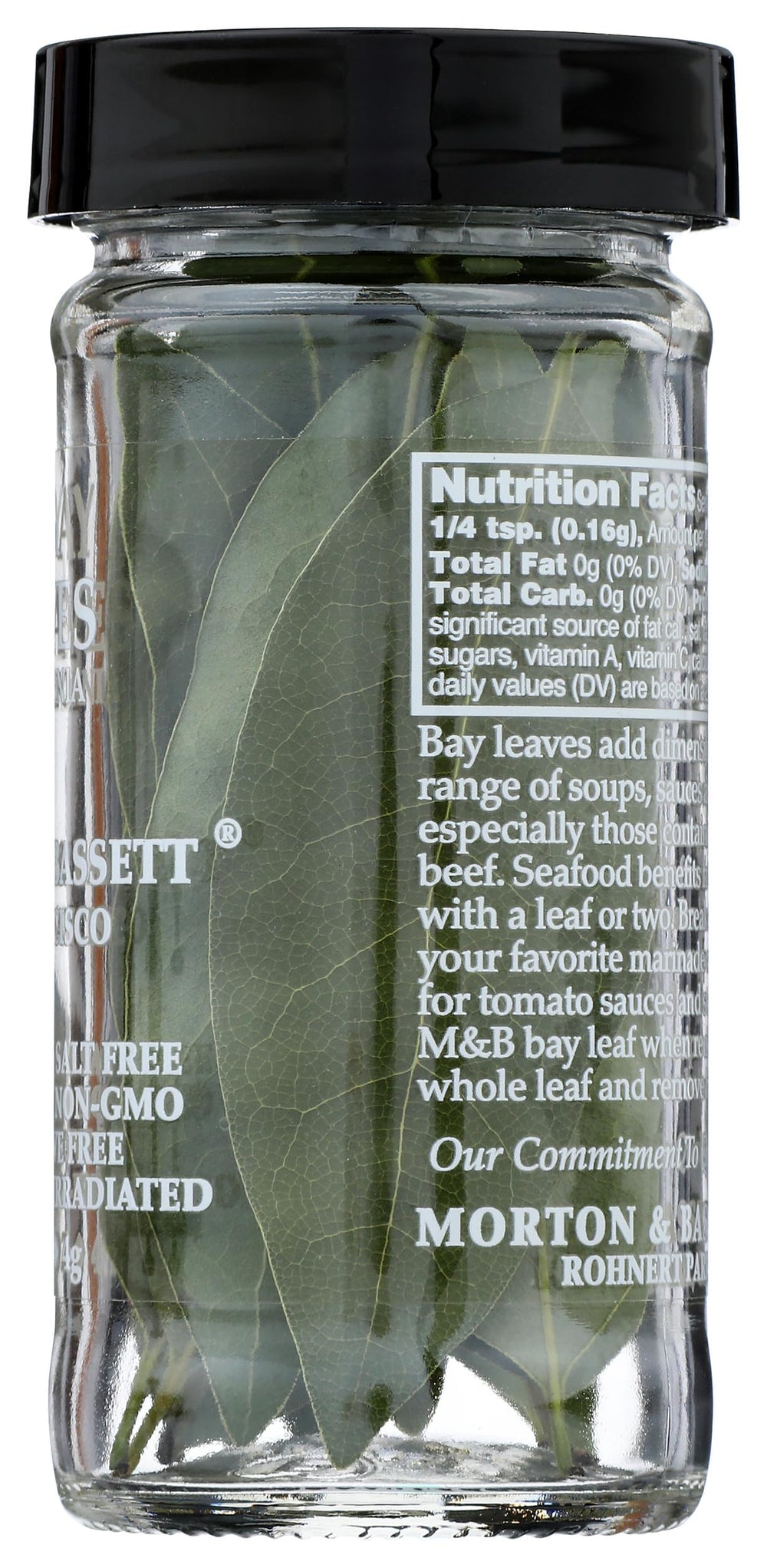 Label close-up of Morton & Bassett Bay Leaves showing kosher certified tag.