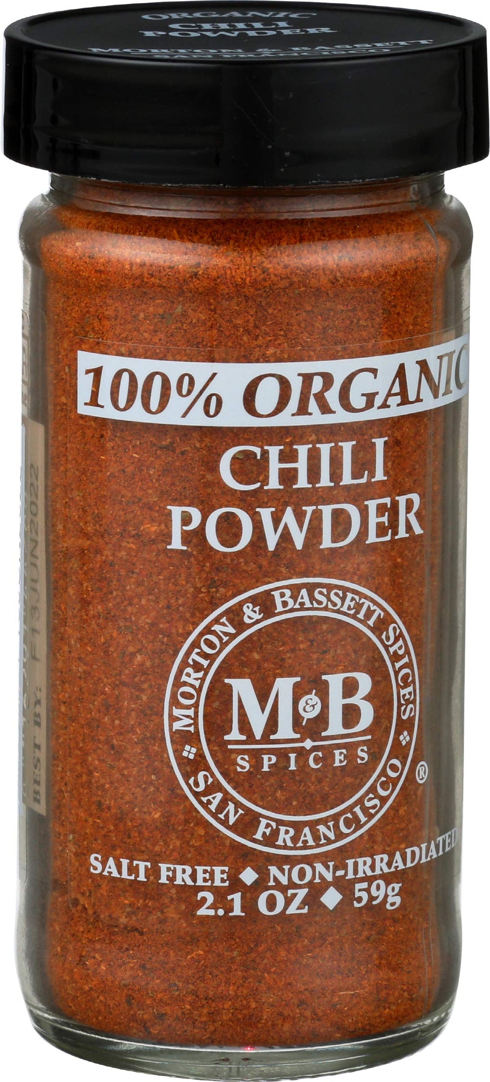 Morton and Bassett chili powder label close-up signals organic, gluten-free, non-GMO credentials.