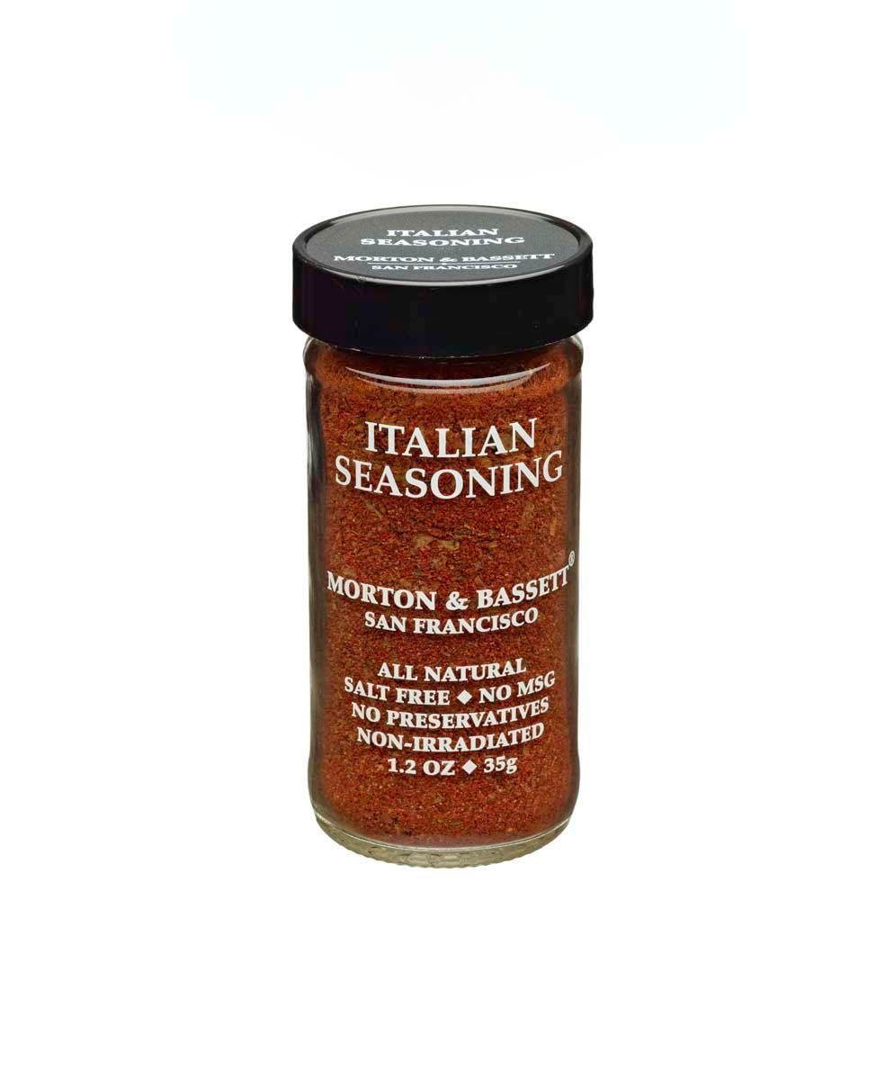Morton & Bassett Italian seasoning bottle, aromatic blend for pasta, pizza, and Mediterranean dishes.