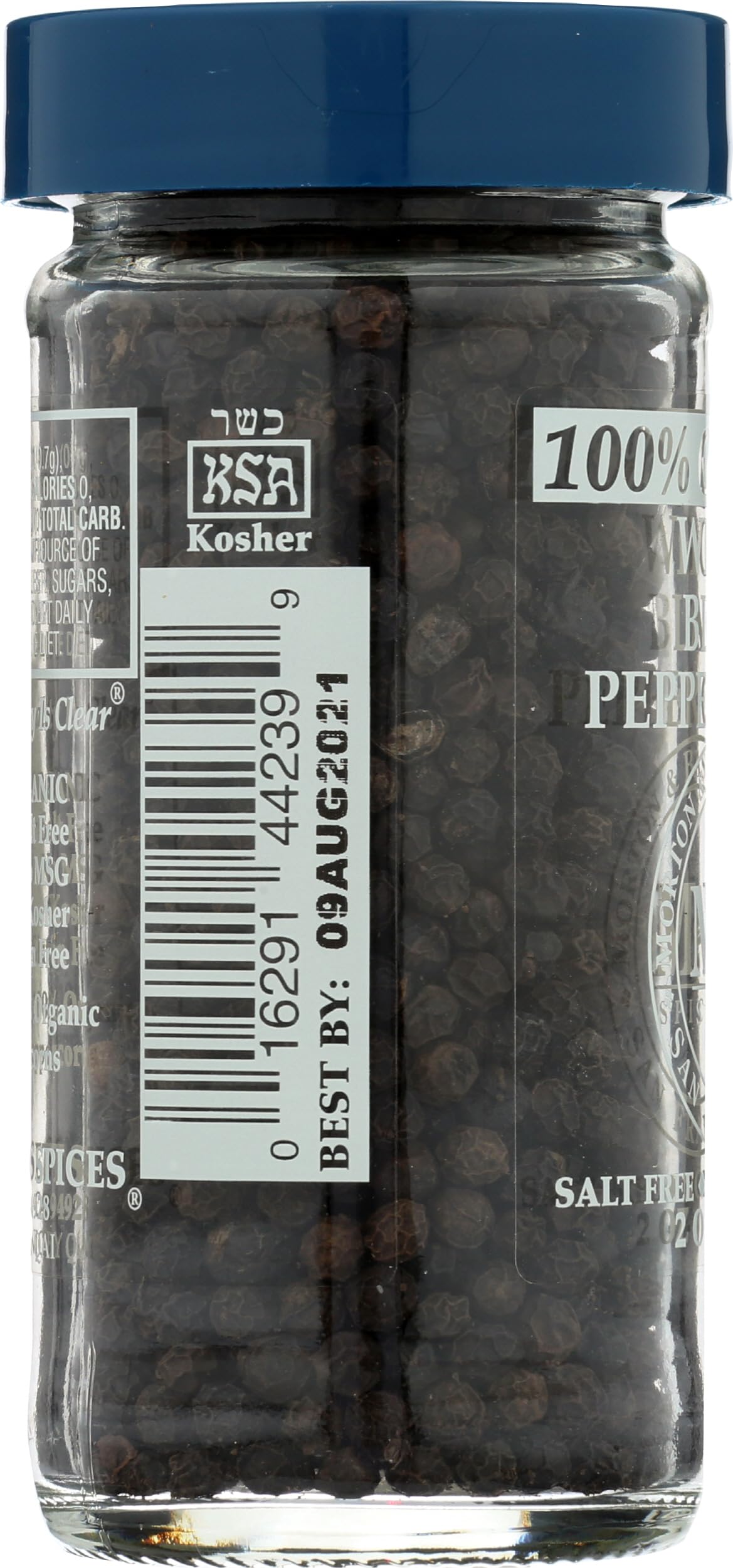 Organic Morton & Bassett pepper label emphasizing gluten-free, non-GMO ingredients.