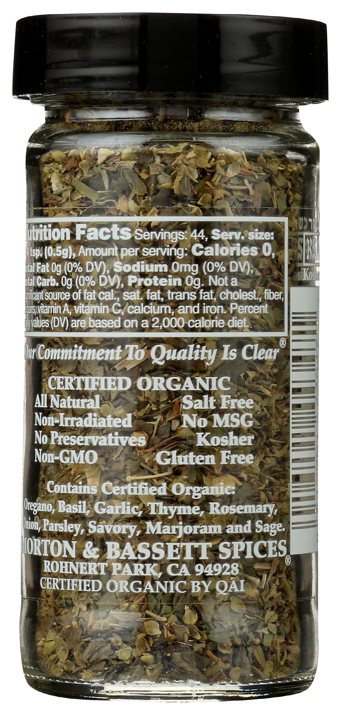 Morton & Bassett Organic Italian Herb Blend jar close-up highlighting vibrant herbs for robust roasts