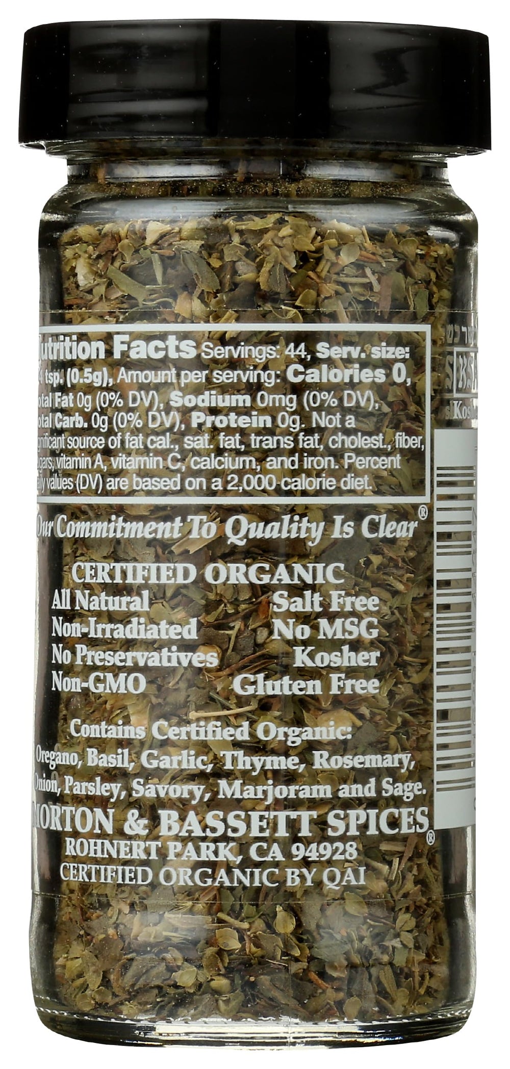 Morton & Bassett Organic Italian Herb Blend jar close-up highlighting vibrant herbs for robust roasts