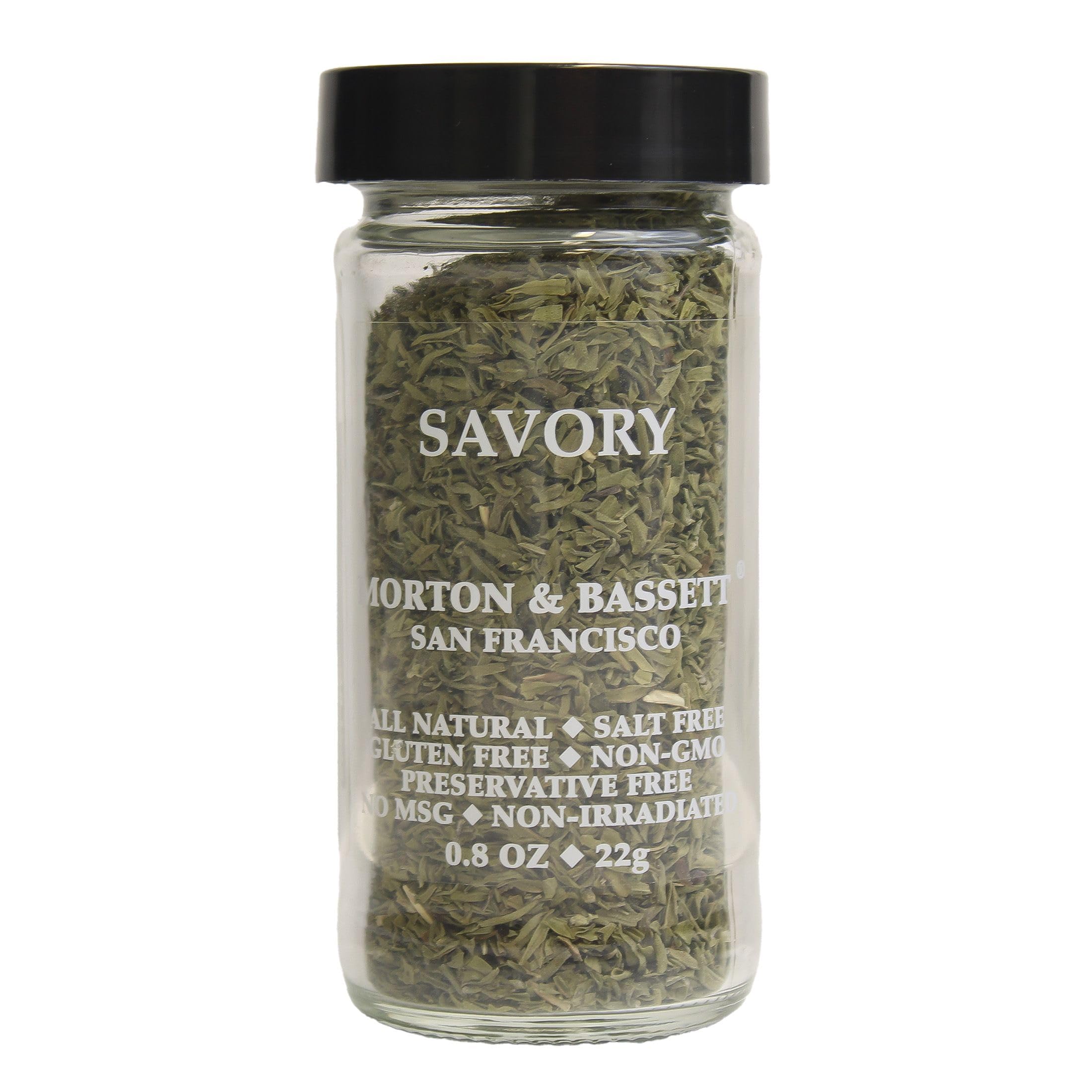 Morton & Bassett Savory Spice in a glass bottle highlighting fresh herb aroma.