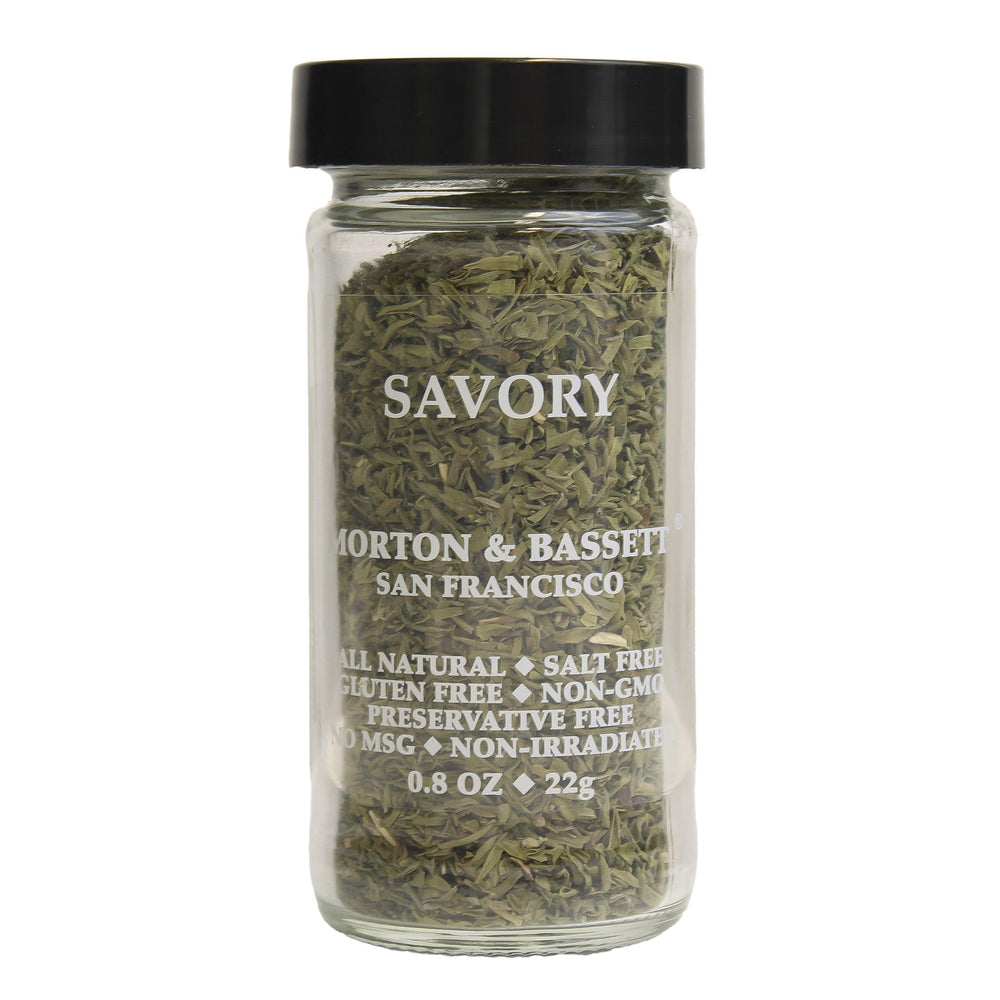 Morton & Bassett Savory Spice in a glass bottle highlighting fresh herb aroma.