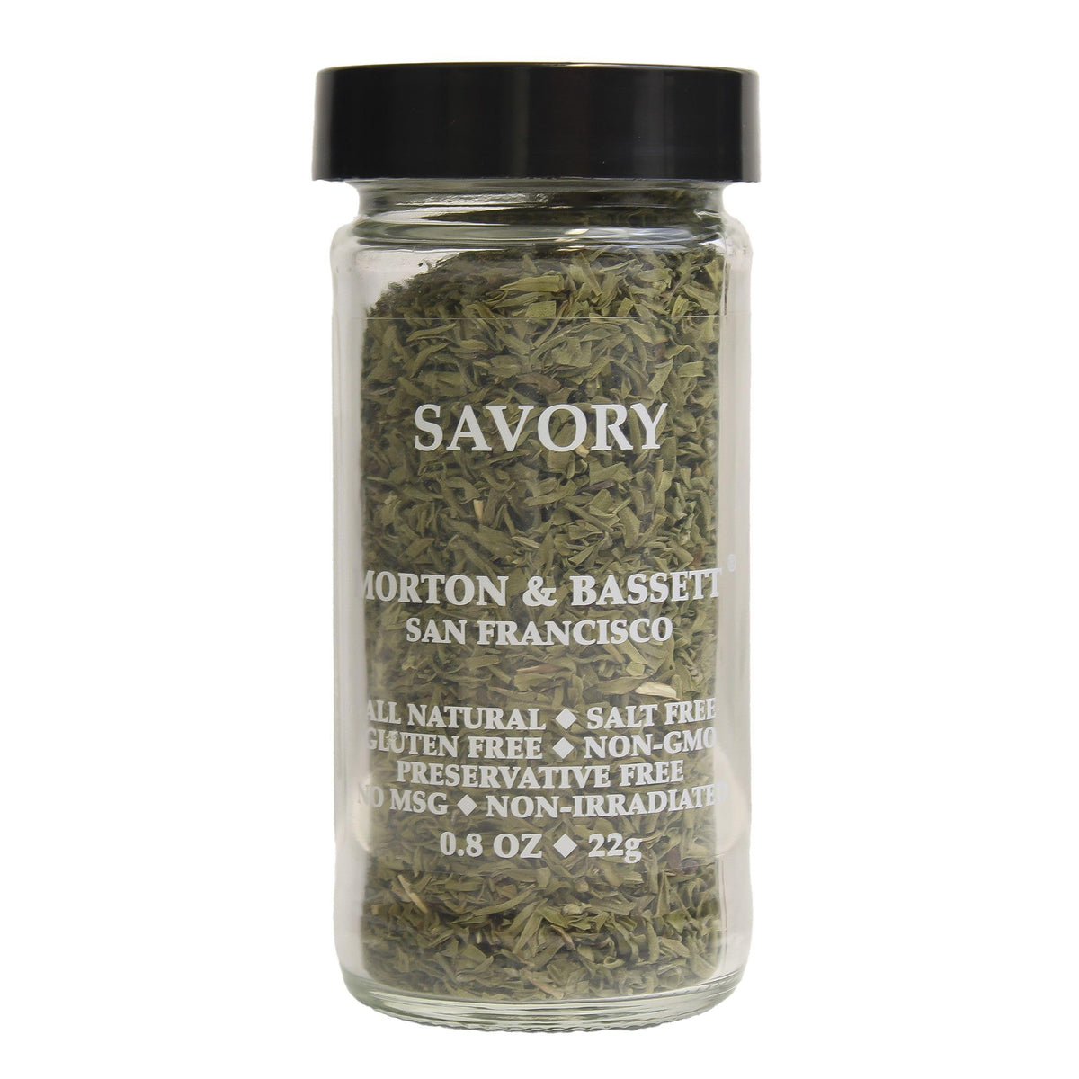 Morton & Bassett Savory Spice in a glass bottle highlighting fresh herb aroma.