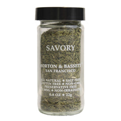 Morton & Bassett Savory Spice in a glass bottle highlighting fresh herb aroma.