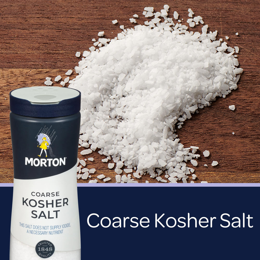 Morton Coarse Kosher Salt canister view, convenient two-pack for kitchen prep.