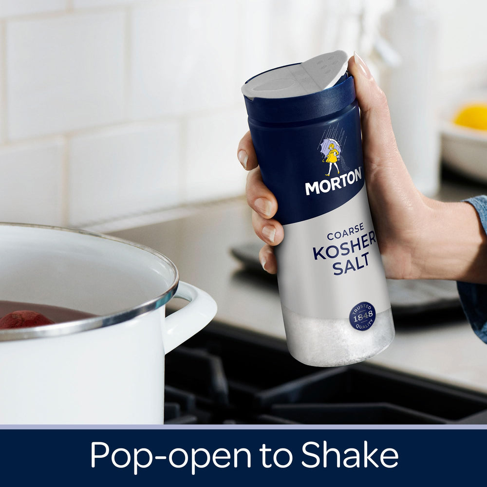 Morton salt shaker with pour, effortless dash for quick flavor.