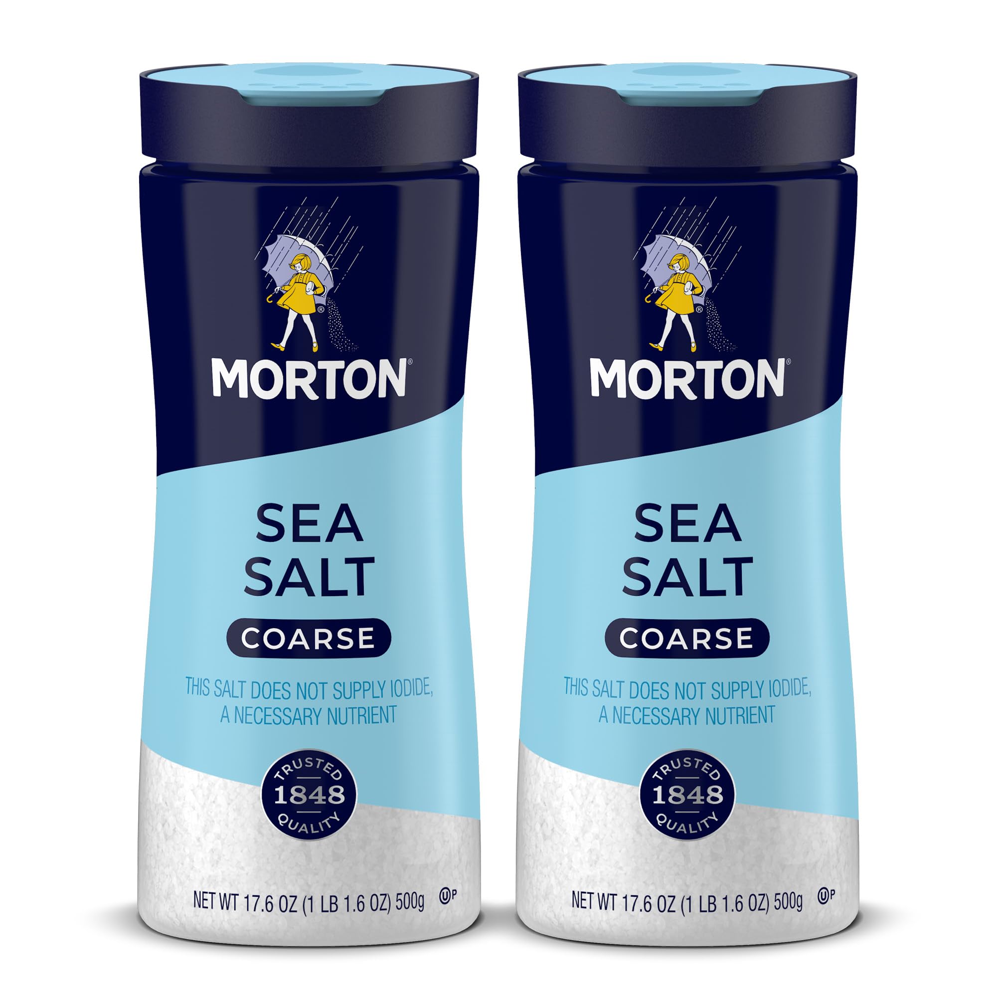 Morton coarse sea salt front-pack showing two-pack convenience for everyday seasoning