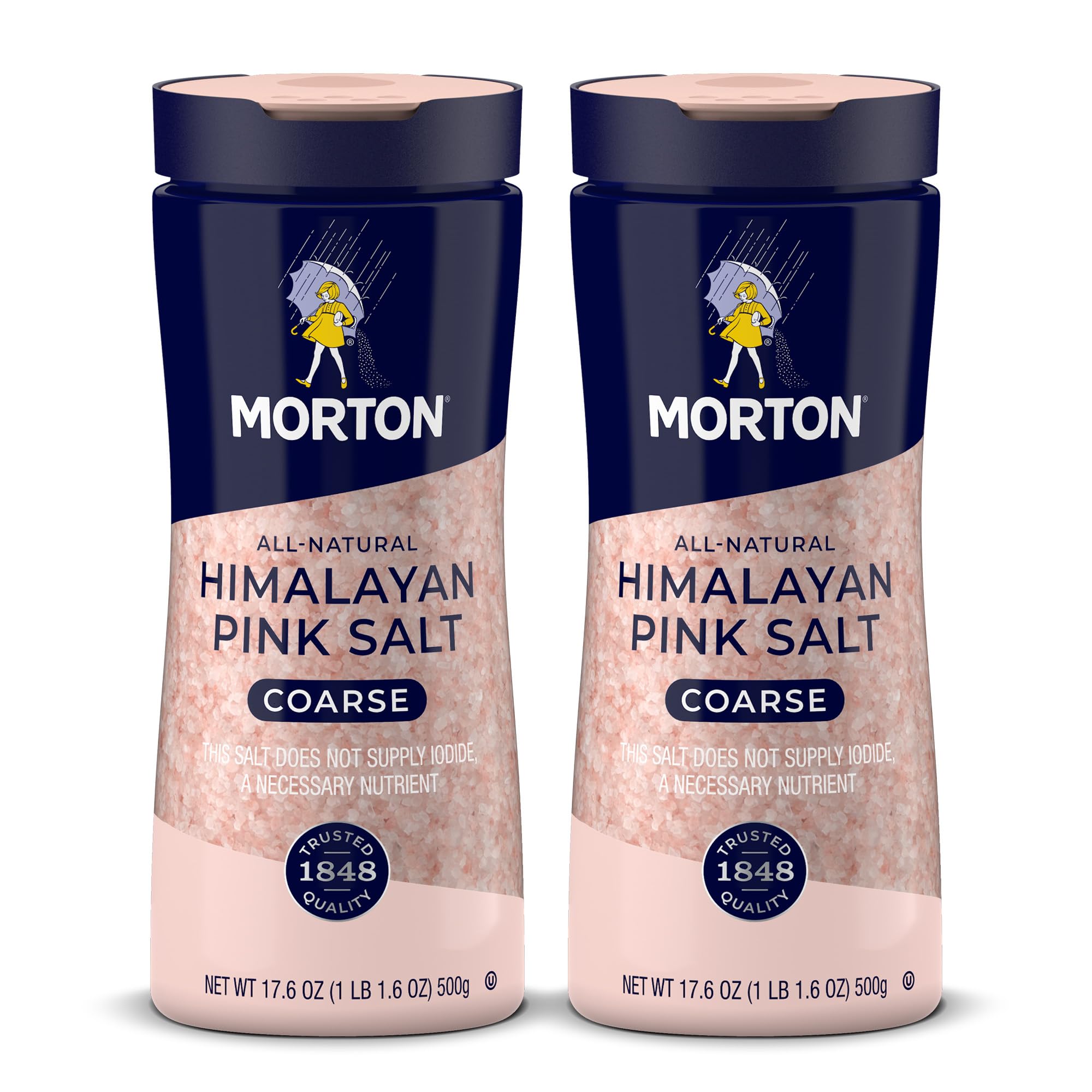 Morton Himalayan pink salt crystals in a two-pack bottle add vibrant color to dishes