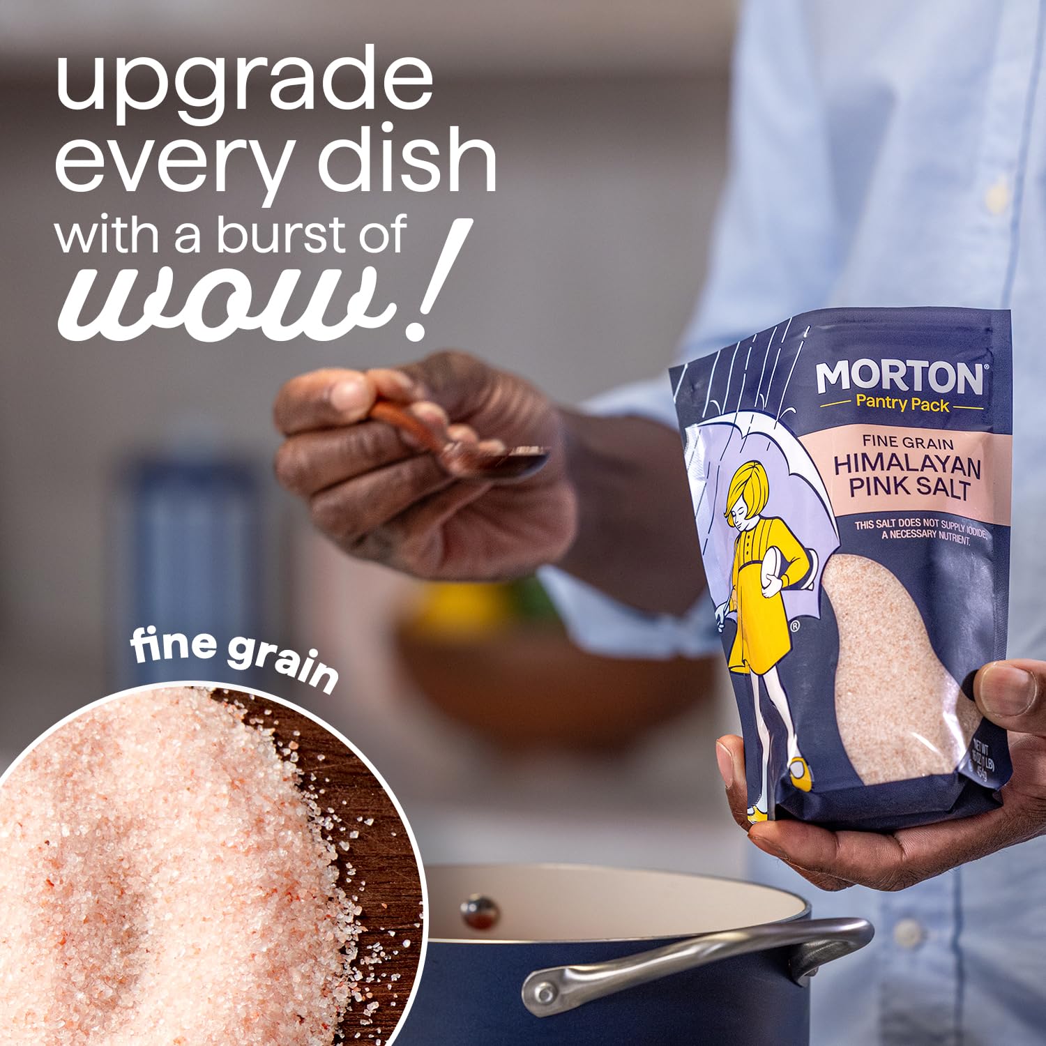 Morton Himalayan pink salt fine grain sealed pouch on kitchen counter