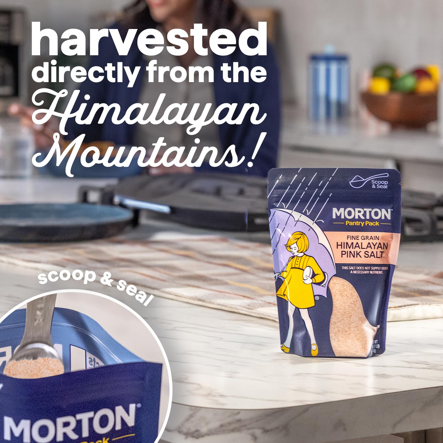 Morton Himalayan pink salt fine grain sprinkled on a dish for flavor