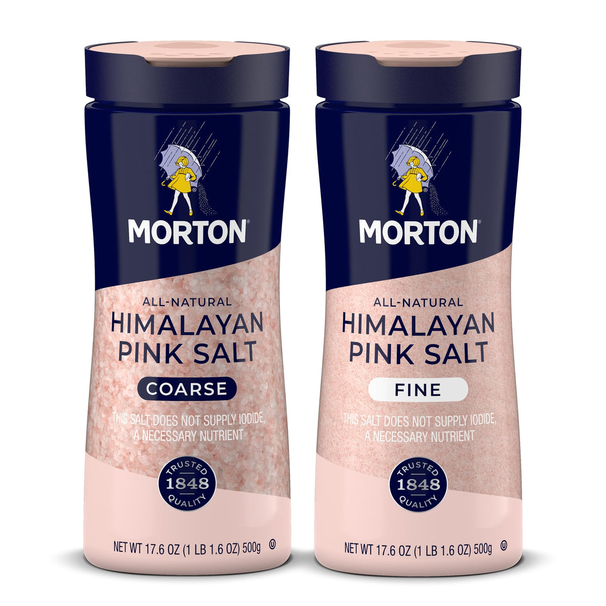 Morton Himalayan Pink Salt Set with fine and coarse grains for versatile cooking.
