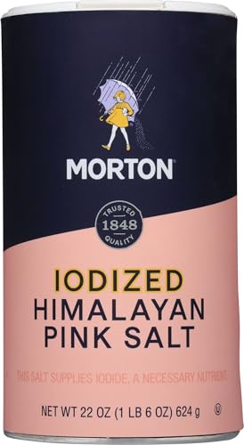 Morton iodized Himalayan pink salt shaker on counter for quick seasoning