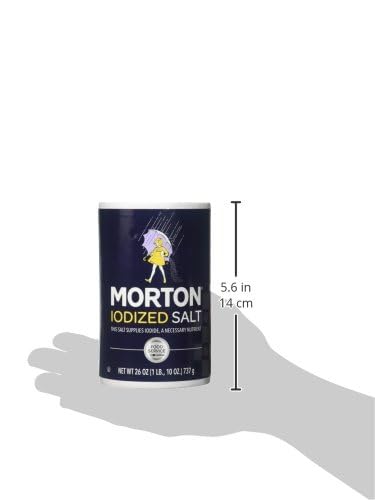 Morton iodized round measuring aid with consistent grain for precise seasoning.