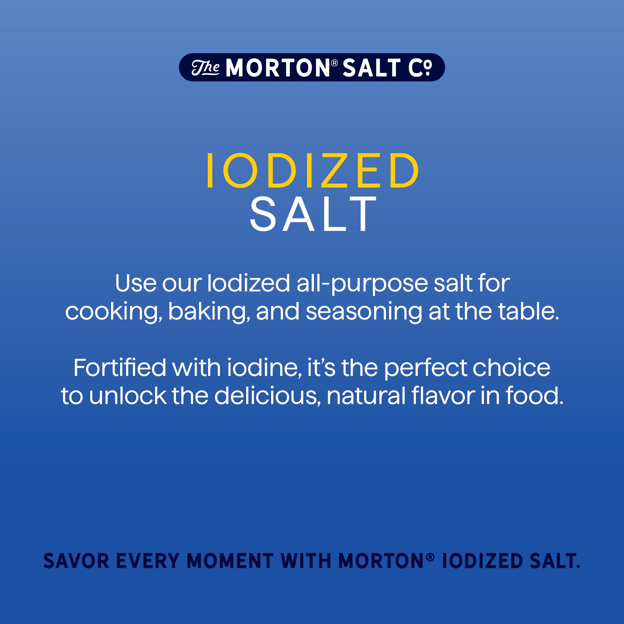 Three 26-ounce Morton salt bottles on the kitchen counter for family meals.