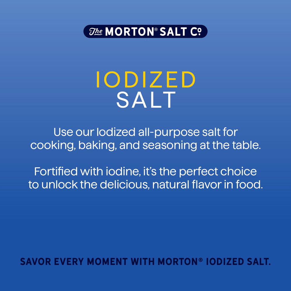 Three 26-ounce Morton salt bottles on the kitchen counter for family meals.
