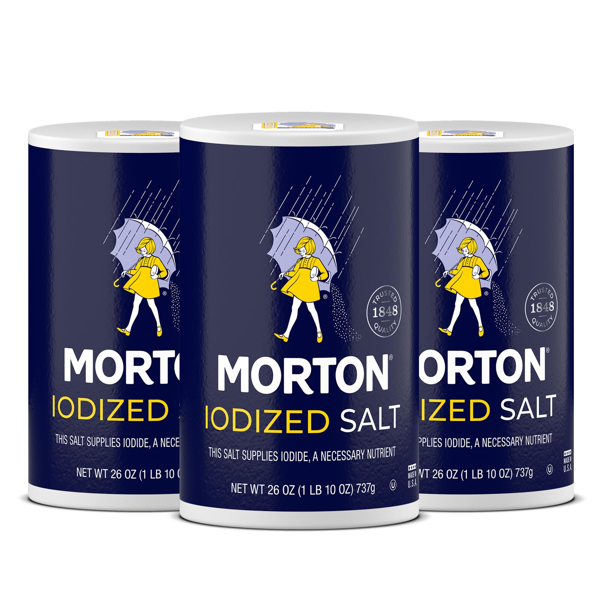 Morton iodized salt all-purpose bottle for versatile cooking and baking use.