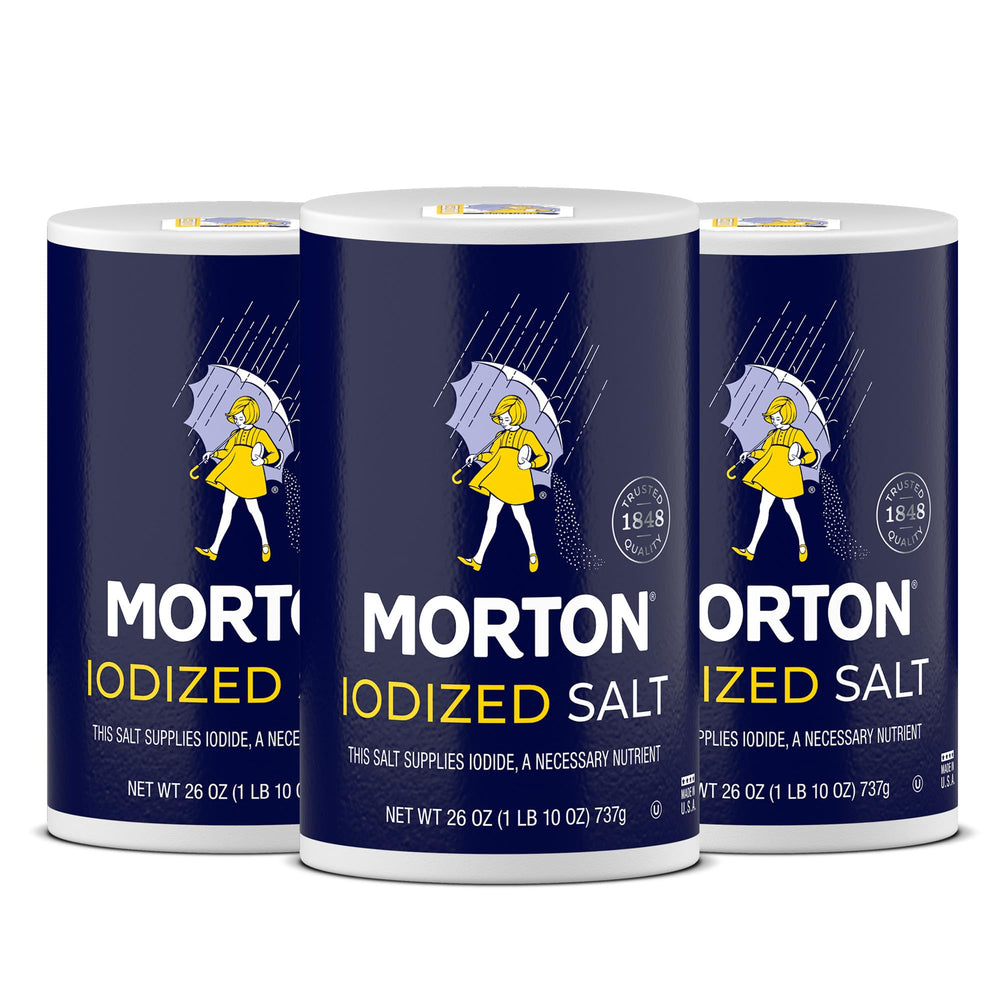 Morton iodized salt all-purpose bottle for versatile cooking and baking use.