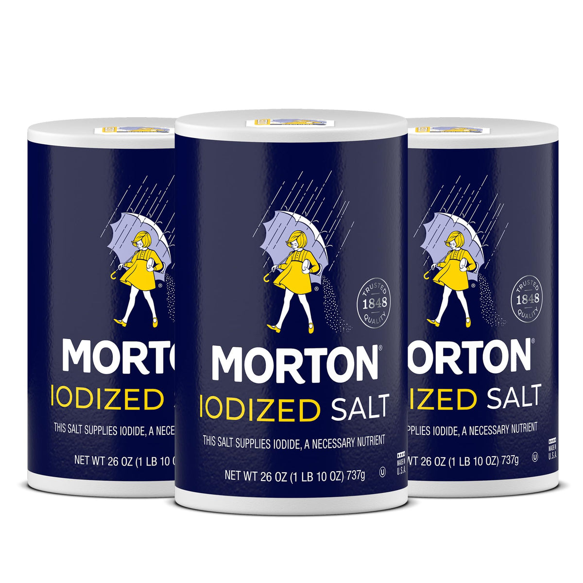 Morton iodized salt all-purpose bottle for versatile cooking and baking use.